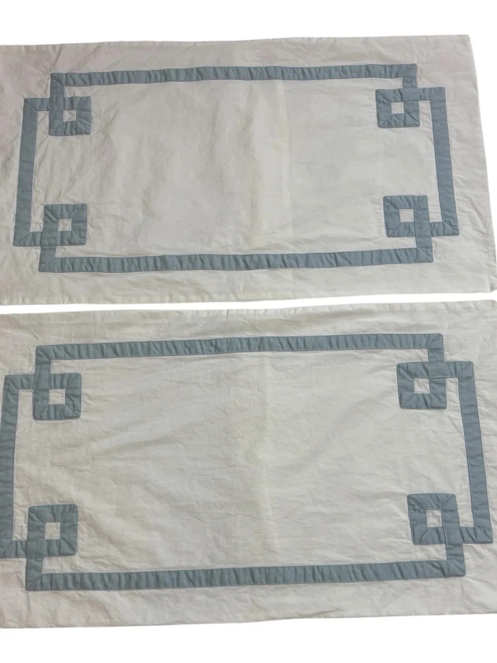 2 Villa Nobel Excellence White Pillow Shams Standard Greek Key Lt Blue Applique